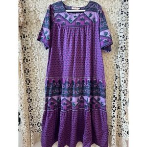Boho‎ La Cera Purple Floral Print Maxi Dress Womens XL Short Sleeve Tiered
